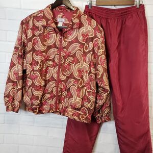 Nice Vintage Burgundy Paisley Silk Windbreaker Tracksuit Pant Set womens PM MP